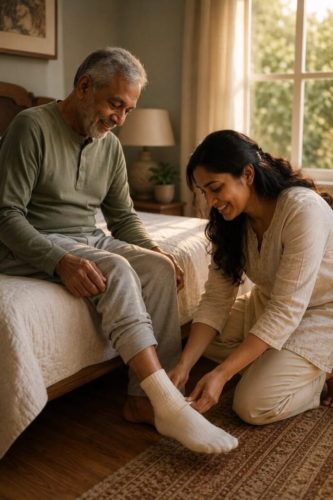 Caregiver helping elderly man get dressed and put on socks at home