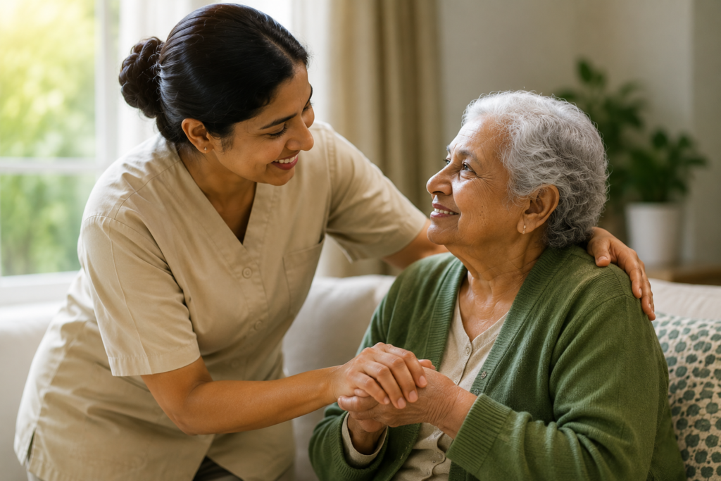 Professional home nurse comforting and supporting an elderly woman at home in Kerala, providing compassionate home nursing and personalized elderly care.