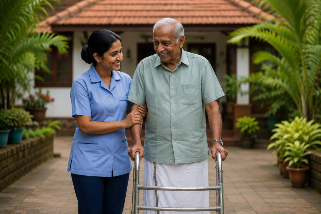 Professional home nurse assisting an elderly man with a walker during mobility support at his home in Kerala.