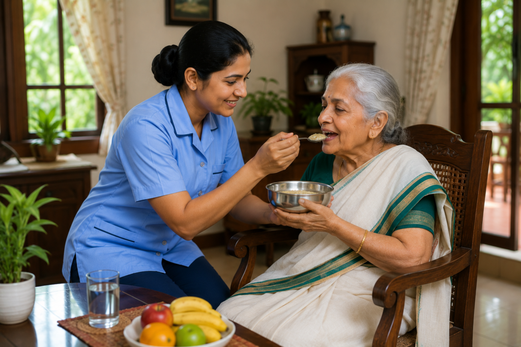 Professional home nurse assisting an elderly woman with mealtime support at home in Kerala, providing compassionate home nursing and personalized elderly care.