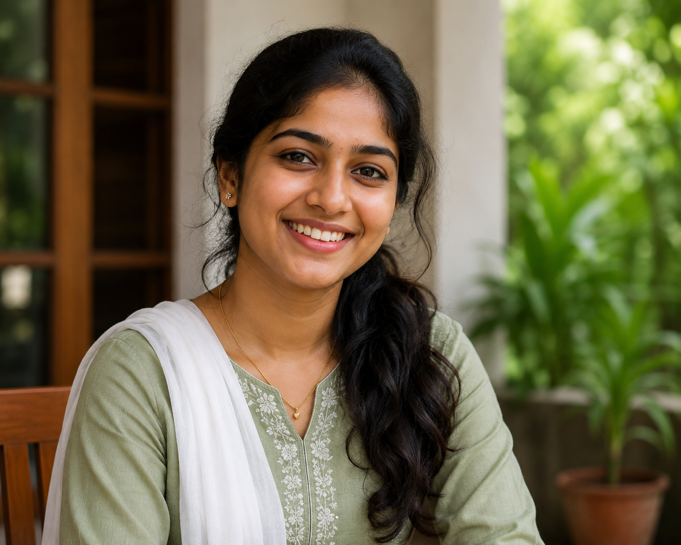 Happy young woman from Kerala sharing her positive experience with trusted home nursing services and compassionate patient care.