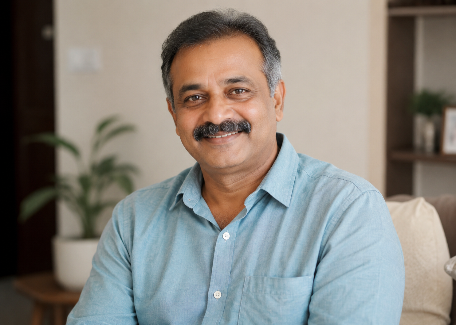 Smiling middle-aged Indian man sharing his positive experience with TEREZA CARE home nursing services.