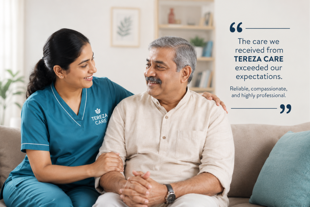 A compassionate TEREZA CARE nurse comforting and supporting an elderly woman at home, showcasing professional home nursing and elderly care services.
