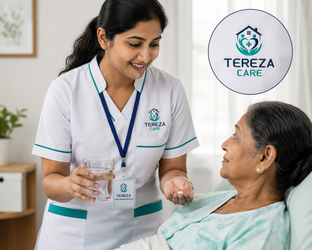 Professional Kerala home nurse from TEREZA CARE helping an elderly woman take her prescribed medication safely at home.