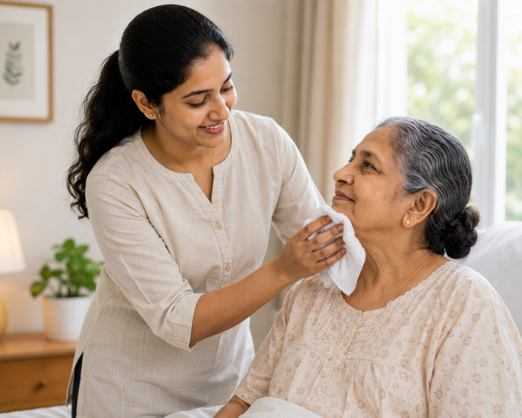 Compassionate female caregiver assisting an elderly woman with personal hygiene and daily personal care in a comfortable home environment.