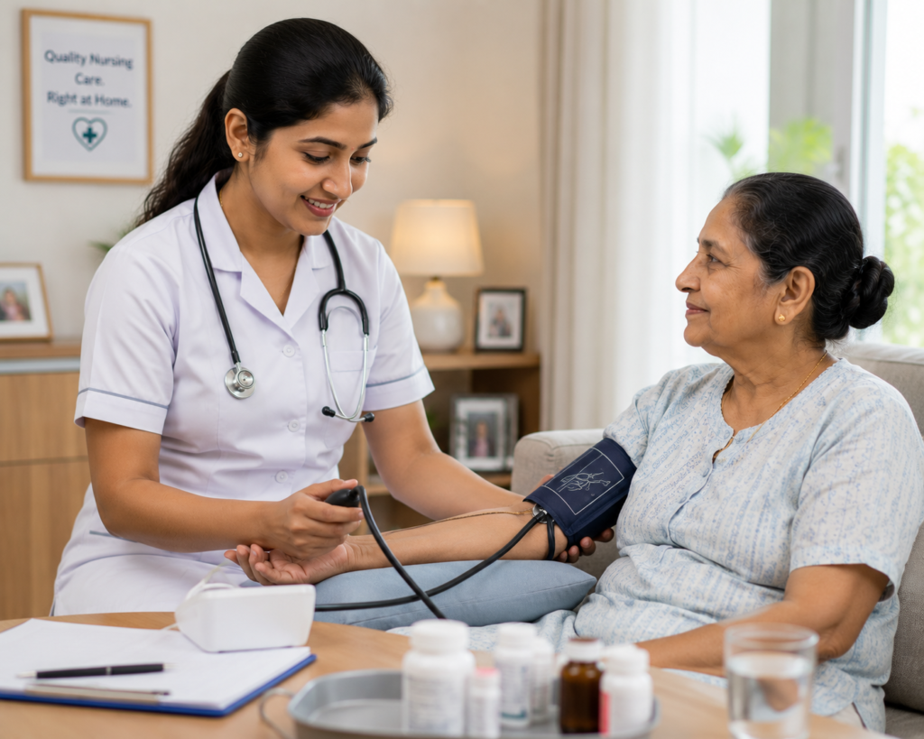 cProfessional home nurse providing medical support by checking an elderly woman's blood pressure during a home healthcare visit in Kerala