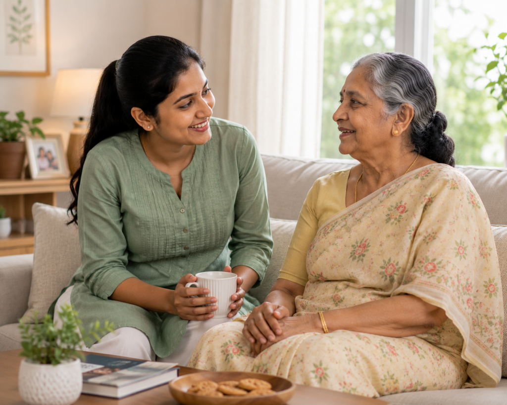 Compassionate female caregiver spending quality time with an elderly woman, providing companionship and emotional support in a comfortable home environment.