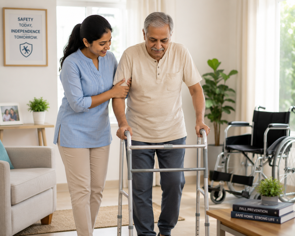 Compassionate caregiver assisting an elderly man with a walker to improve mobility and prevent falls in a safe home environment.