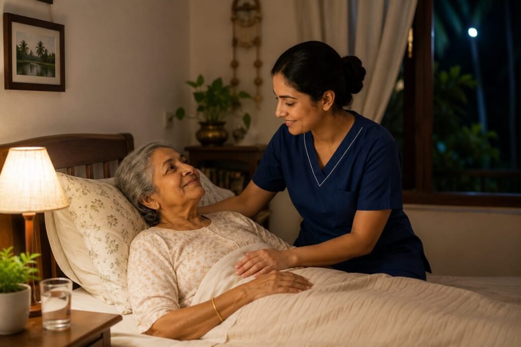 24×7 live-in home nurse providing overnight care to an elderly woman in a comfortable Kerala home bedroom